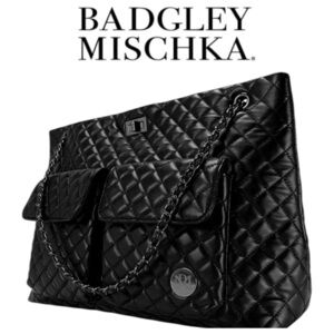 Badgley Mischka Black Diana Faux Leather Tote Weekender Travel Bag NWOT